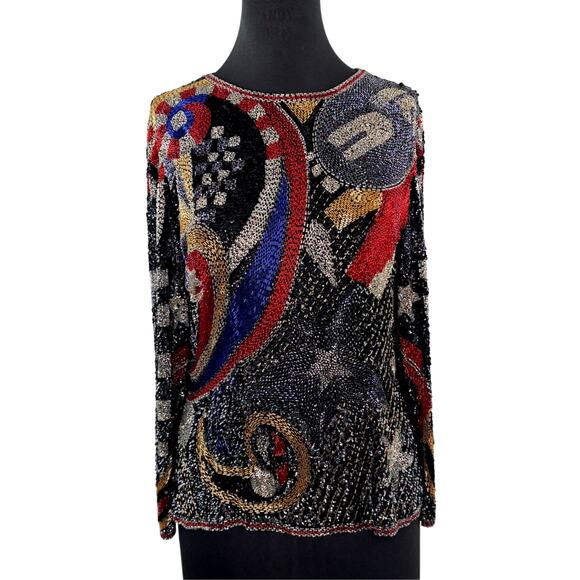 VINTAGE Multi Blouse Heavily Beaded Sequin Star Paisley Gold Black Red VTG - Picture 1 of 10